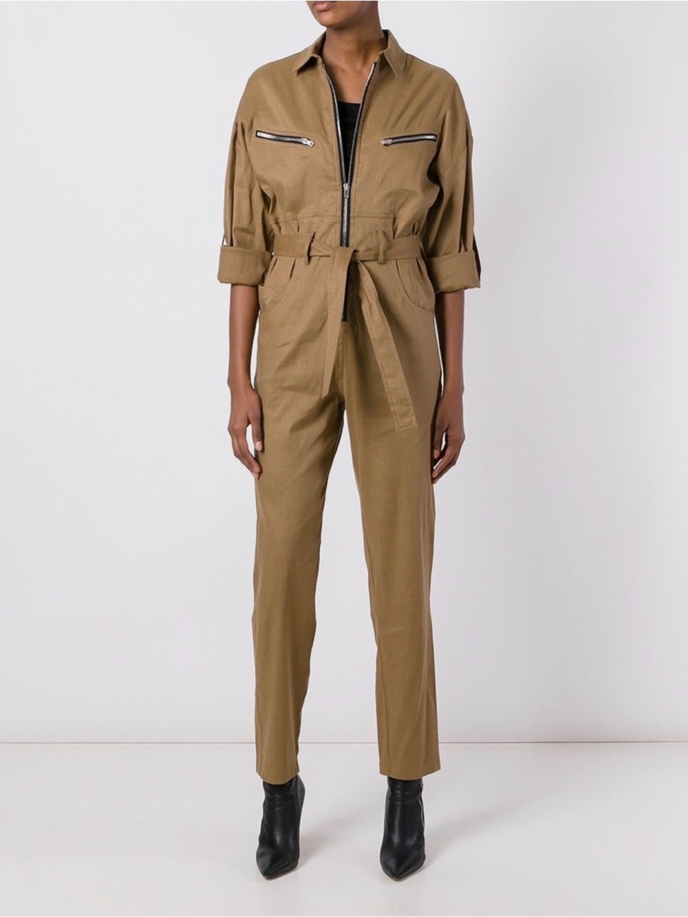 IRO Olive Utility Tie-Waist Jumpsuit with Black Zippers